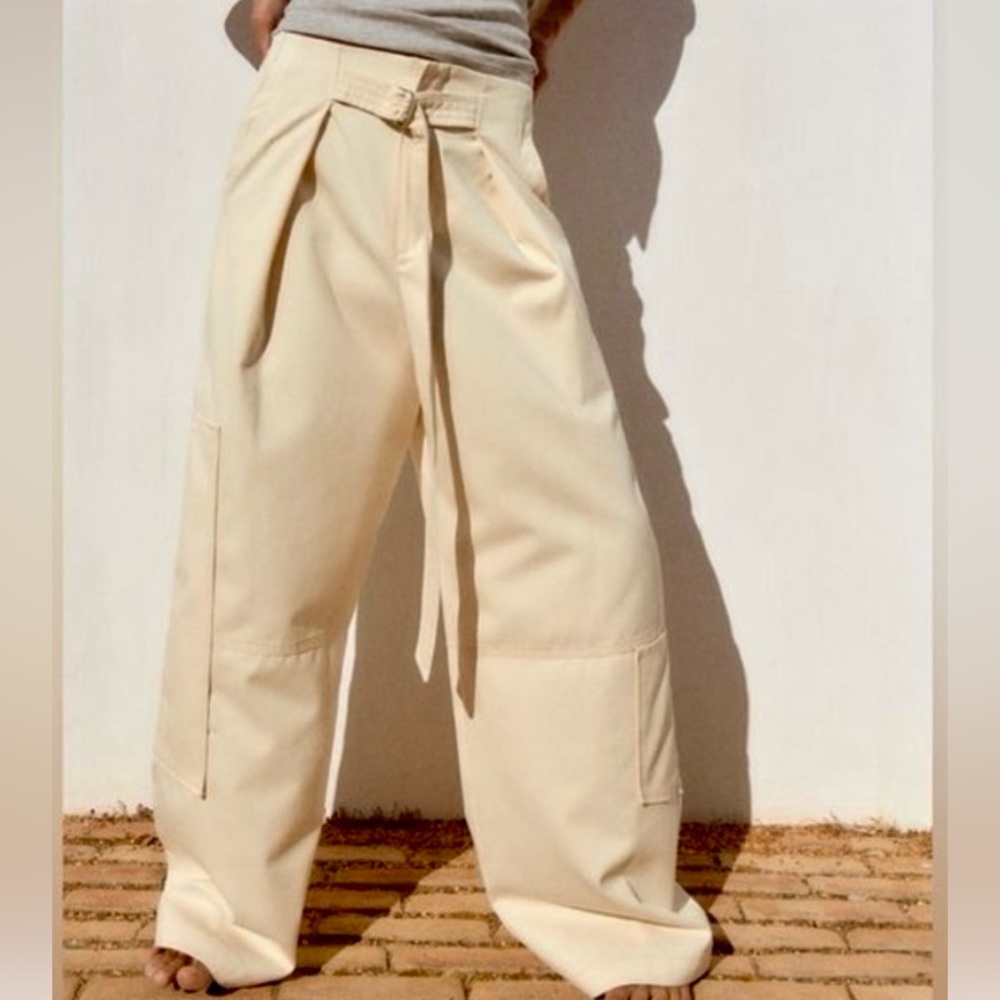 ZARA High-Waisted Wide-Leg belted pants with asymmetric pockets on legs NWOT